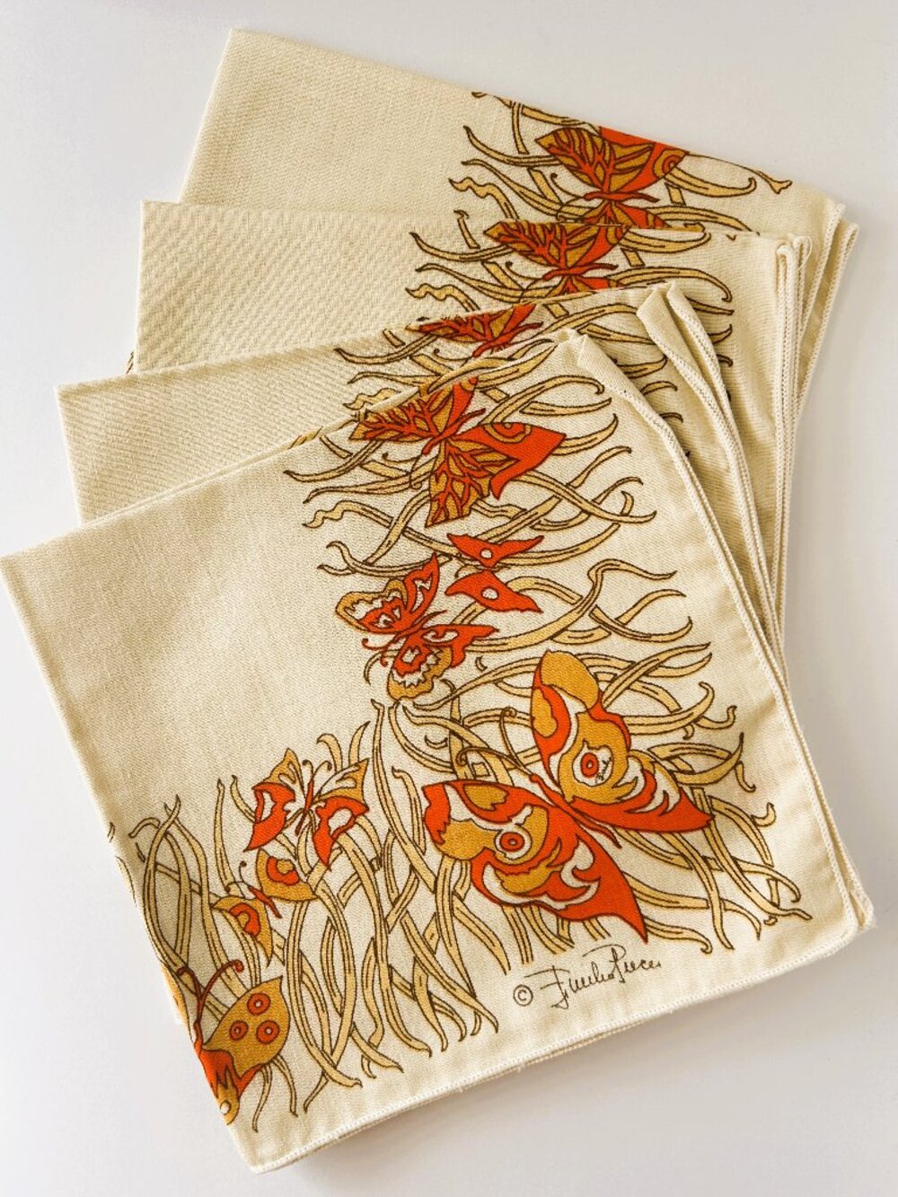 Butterfly Print Vintage Emilio Pucci Table Napkins Set Of 4 yellow orange MCM